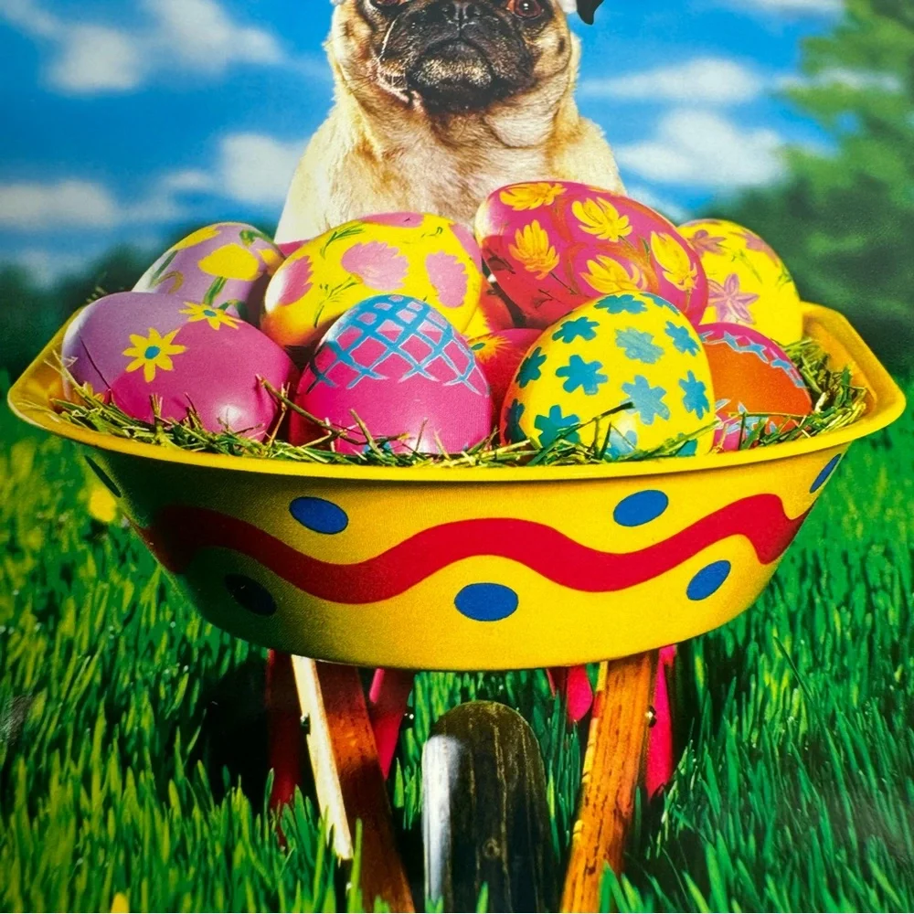 4 Avanti Greeting cards - dog pug in bunny ears with wheel barrel of Easter eggs